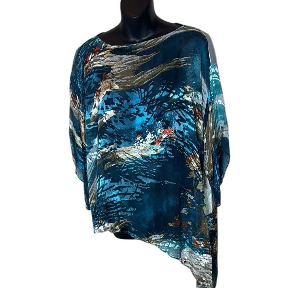 Citron Santa Monica women’s 3x 100% silk assymetrical top floral burnout earthy